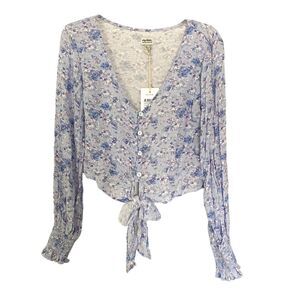 Rhythm Blue Floral Button Tie Front Long Sleeve Blouse Shirt Size Small